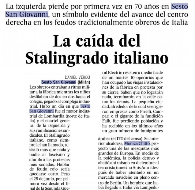 El Pais dedica un’inchiesta a Sesto: “La caduta della Stalingrado d’Italia”
