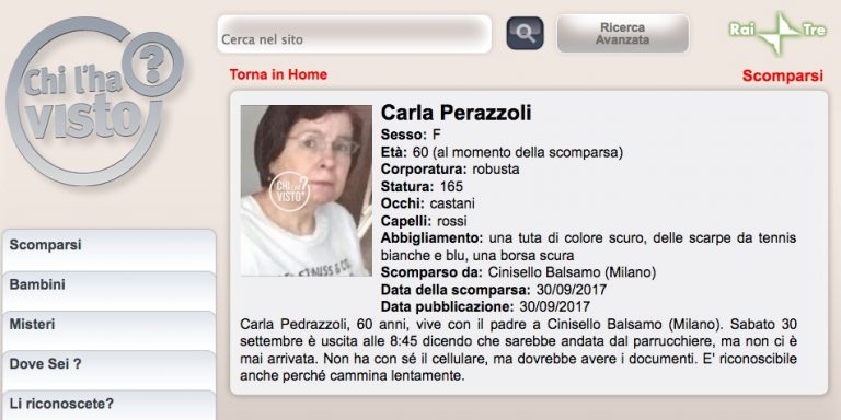 Scomparsa a Cinisello Carla Pedrazzoli: se ne occupa anche “Chi l’ha visto?”