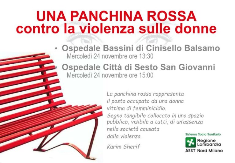 Nord Milano, due panchine rosse al Bassini e all’ospedale di Sesto per dire no alla violenza sulle donne